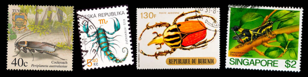 Collage de Sellos de insectos. Entomofilatelia. Cucaracha, escorpión, escarabajo y saltamontes.